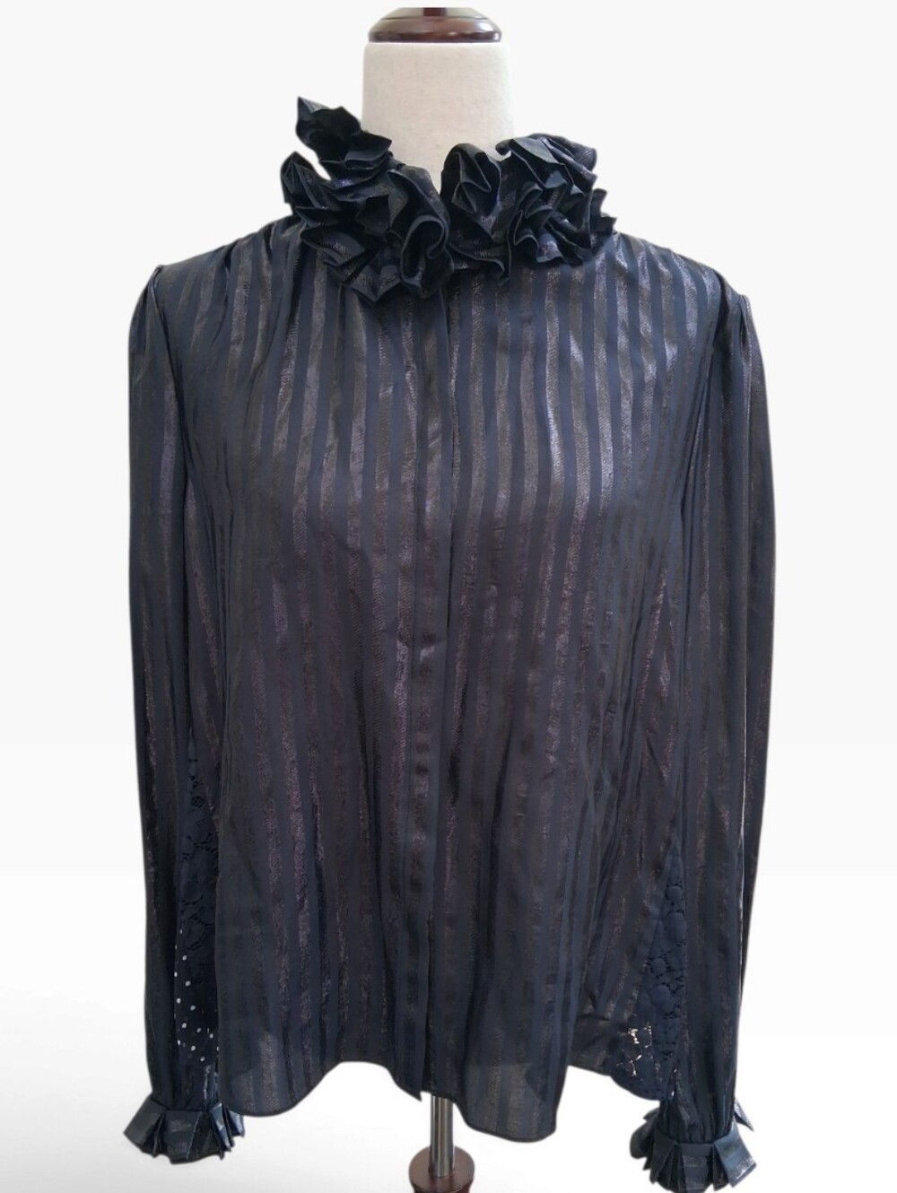 Auth Saint Laurent Sheer Metallic Lurex Ruffle Blouse Top Black M US 8 FR40